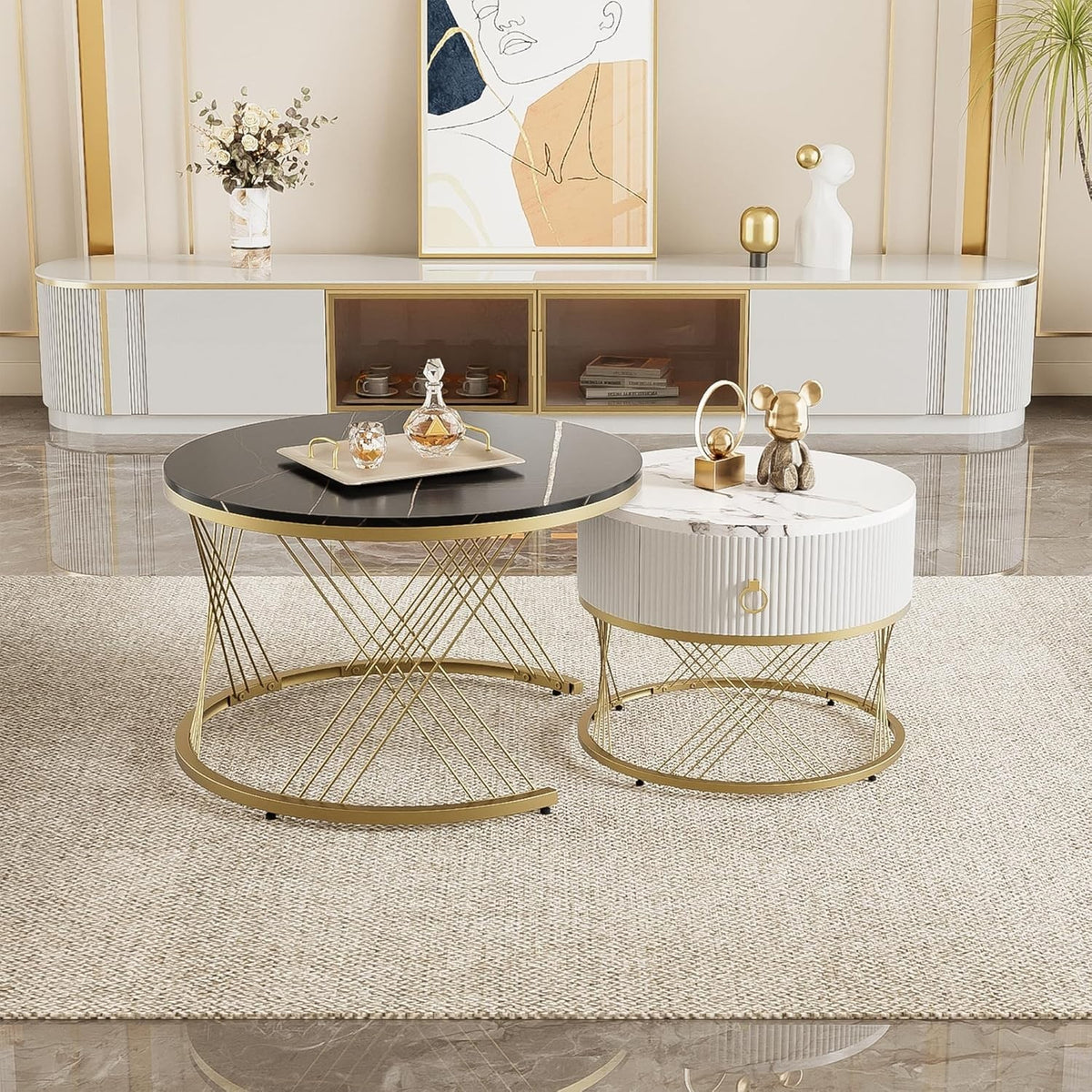 Marble Nesting Coffee Table Set with Drawer – Gold Legs, Modern & Space Saving