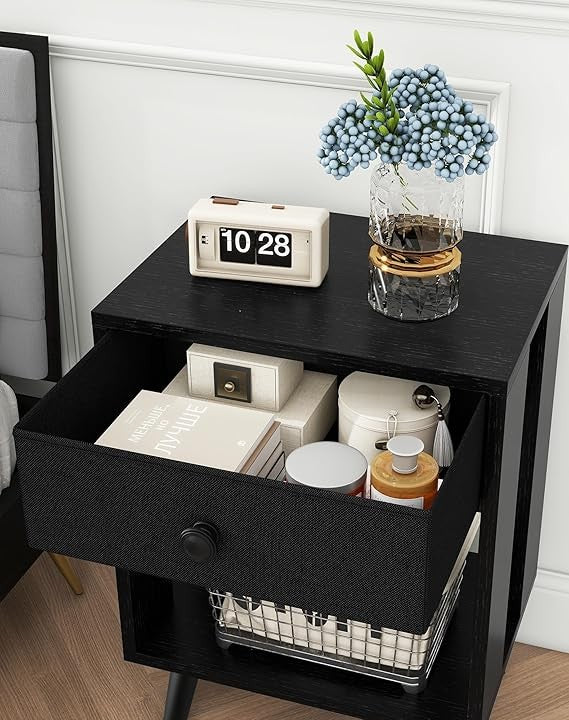 Set of 2 Black Bedside Tables with Drawer & Open Shelf, Modern Wooden Nightstand