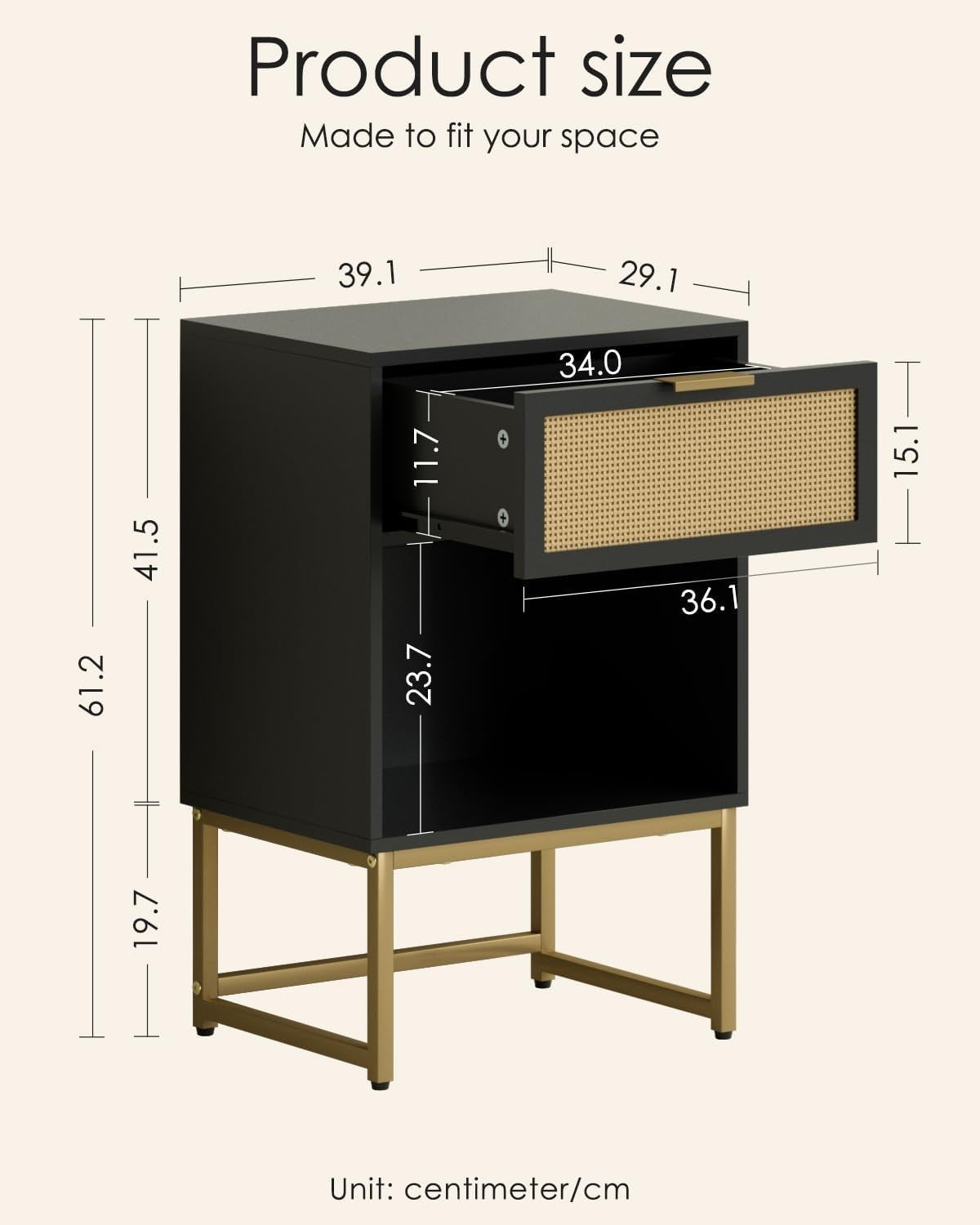 Modern Black Rattan Bedside Table with Drawer & Shelf – Gold Metal Legs