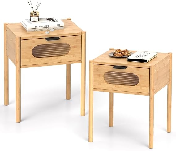 Modern Bamboo Bedside Tables Set of 2 with Drawer & Glass Front 40x40x50cm