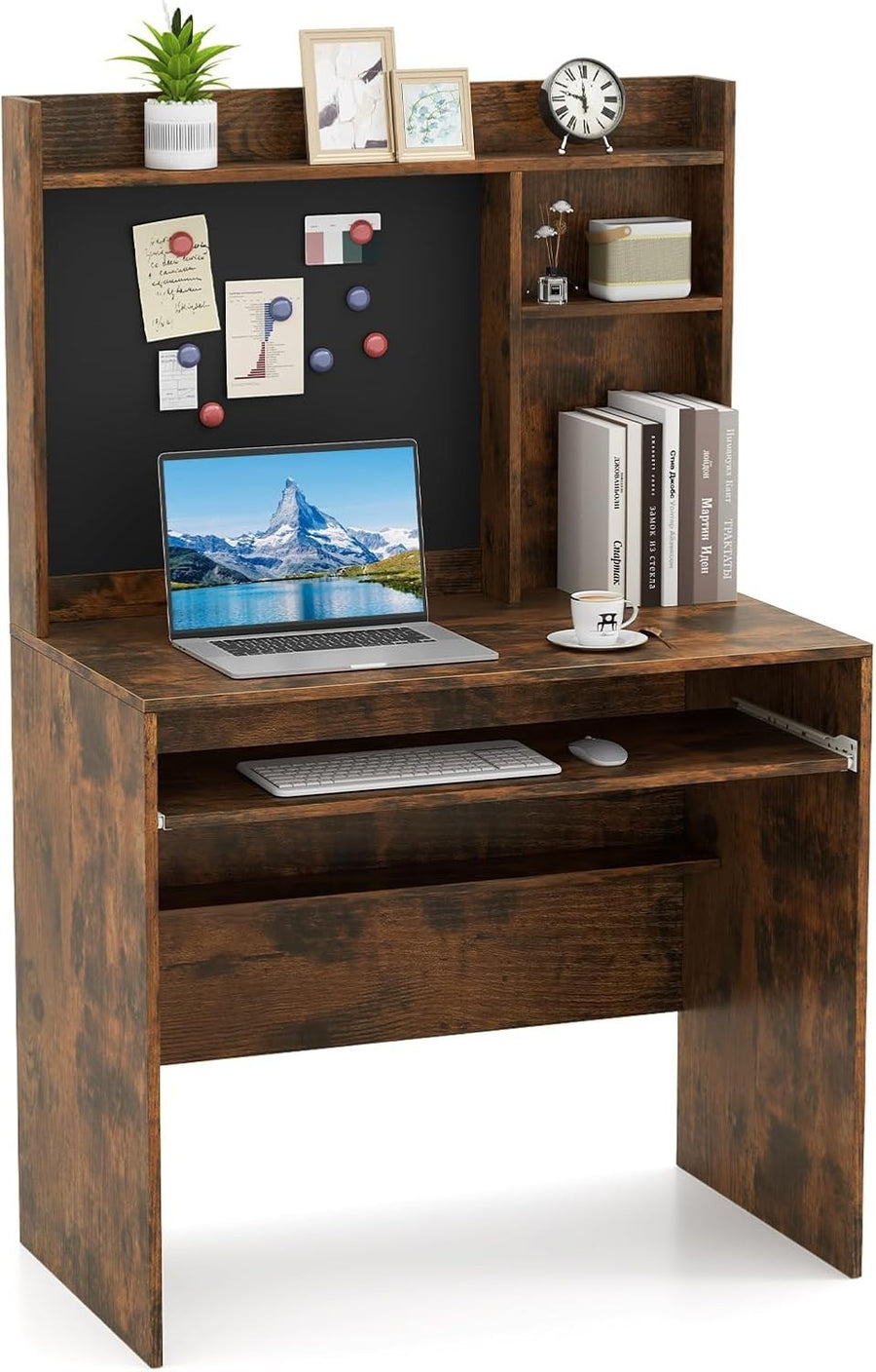 Rustic Brown Computer Desk 89cm with Hutch, Shelf & Keyboard Tray