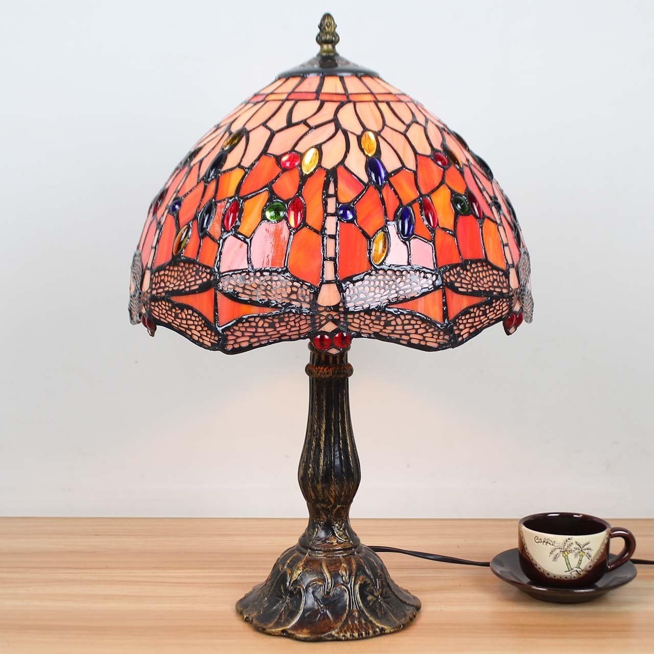 12 Inch Dragonfly Stained Glass Table Lamp with Zinc Base, 18" Tall