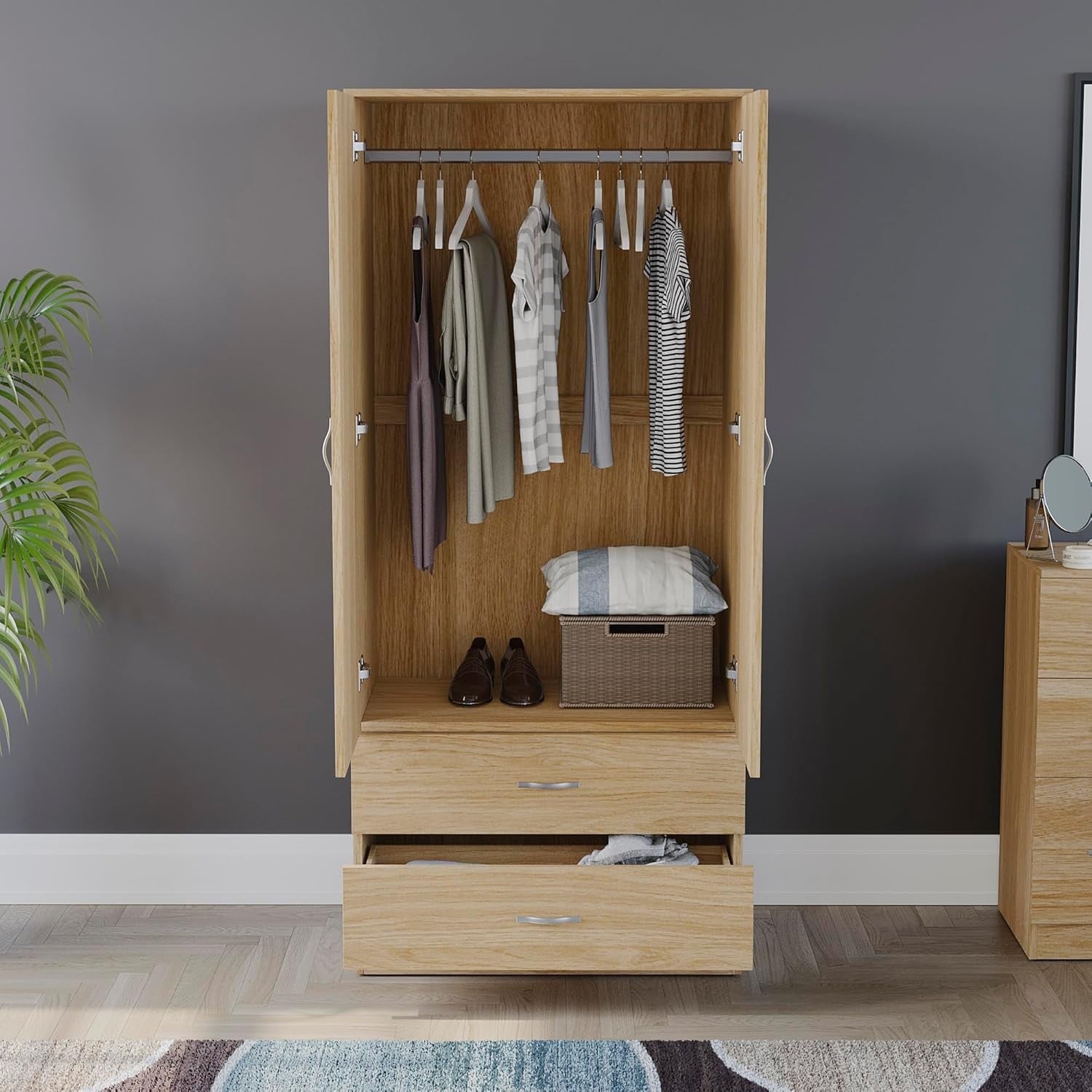 2 Door Wardrobe with Drawers & Rail, Pine Bedroom Storage Unit Tall