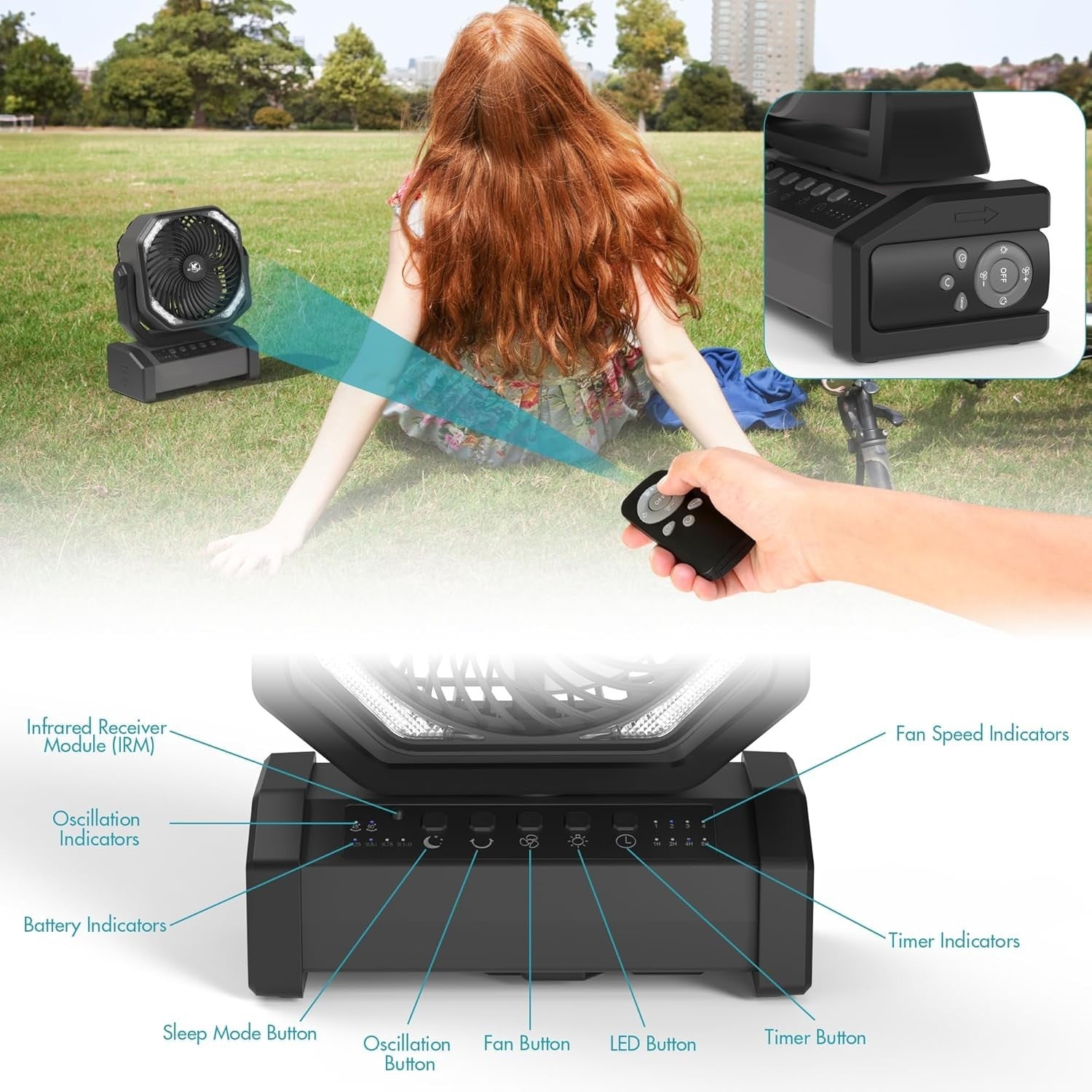 20000mAh Camping Fan – LED Desk Fan w/ Remote, Hook & Rechargeable Battery Black