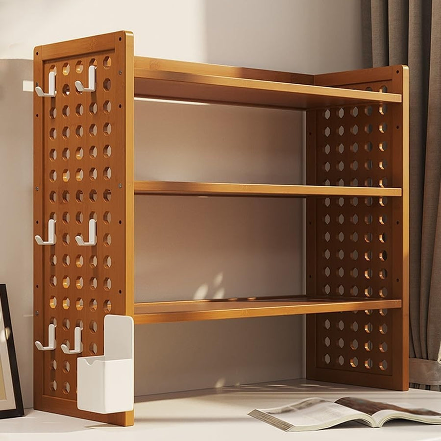 3-Tier Desktop Bookshelf Organizer w/ Pegboard | Bamboo Desk Hutch 40×20×56cm