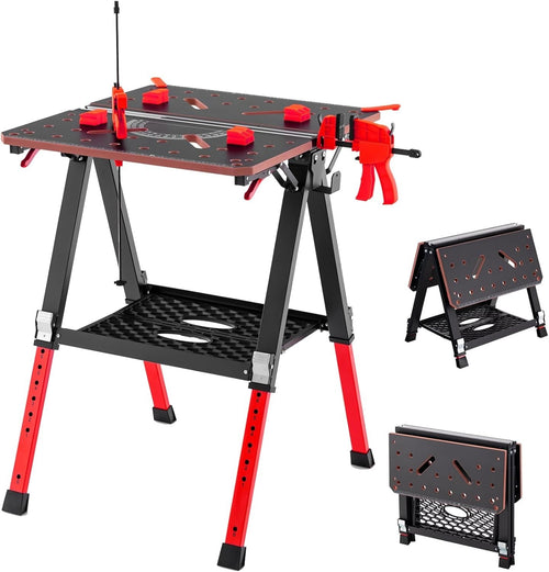 Folding Workbench 2-in-1 Sawhorse Table 8-Height Adjustable 450kg Capacity Red