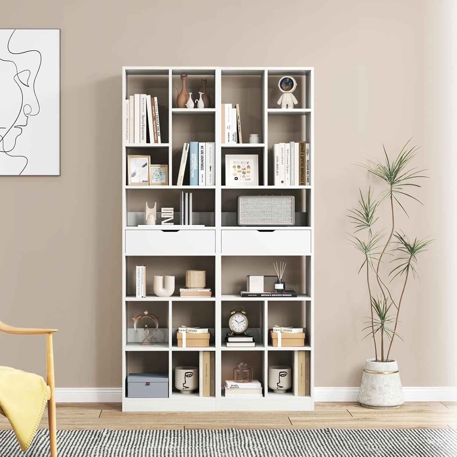Tall Geometric Bookshelf with Drawer, 180cm Modern Display & Storage Unit