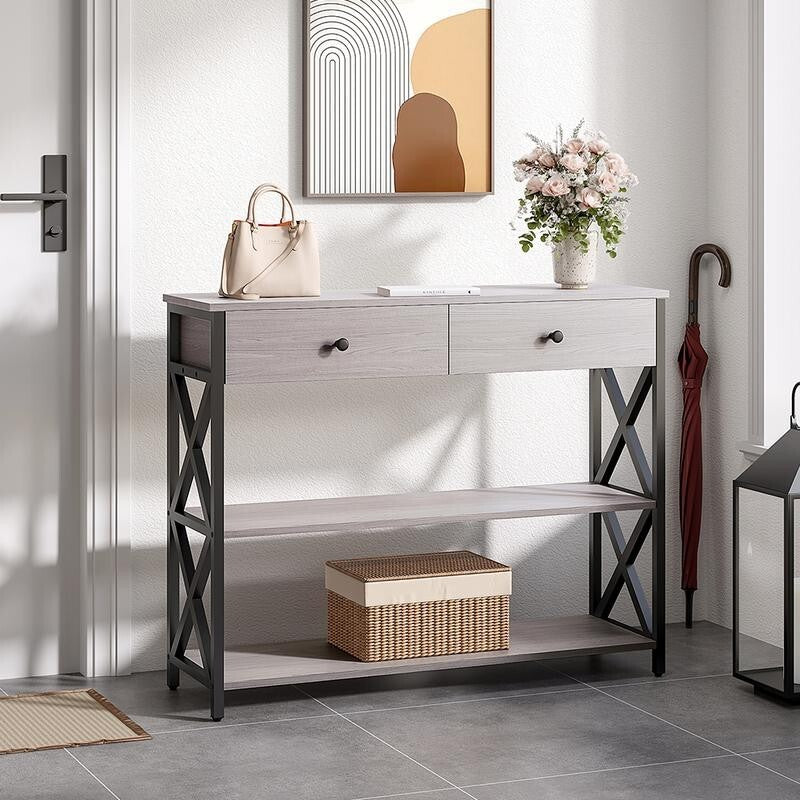 Rustic Grey Narrow Wooden Console Table with Drawers