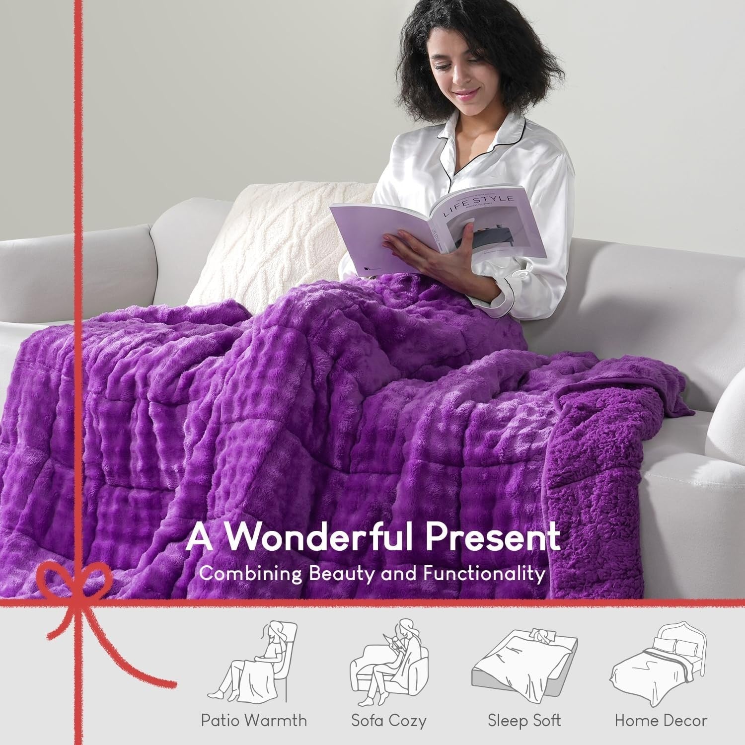 Weighted Blanket 20lb Faux Fur Sherpa Cozy Adult SleepAid 60x80 Purple
