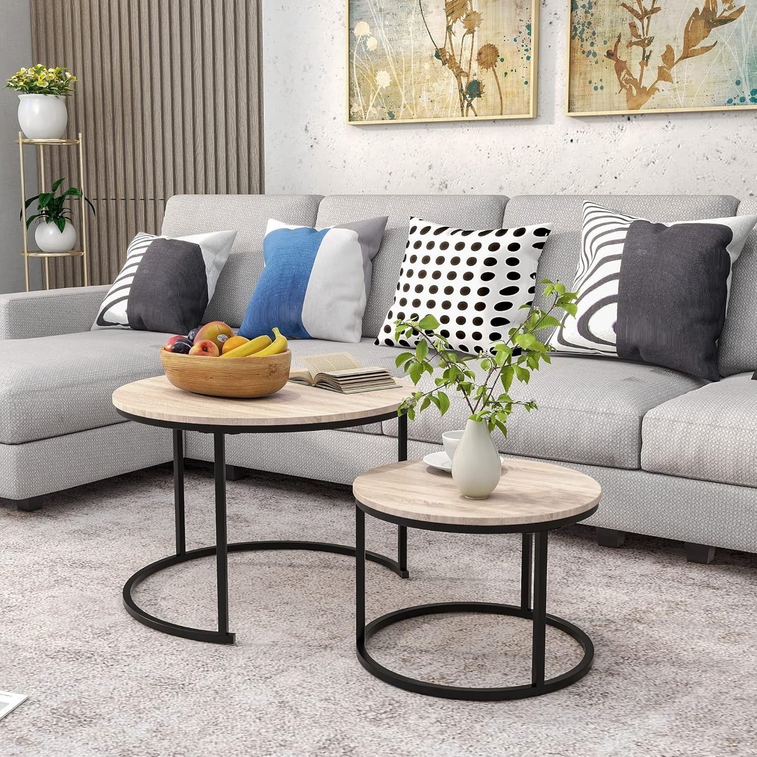 Round Nesting Coffee Tables Set for Living Room Modern Black/Oak Wood End Side T