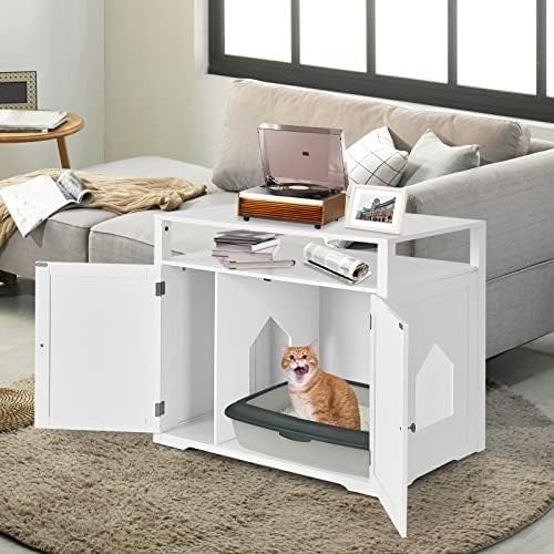Modern Cat Litter Box Enclosure with 2 Holes, Doors & Side Table