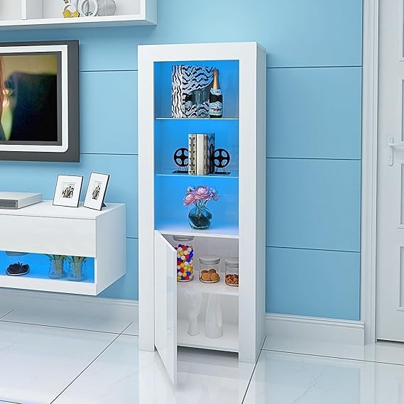 White LED Display Cabinet with Glass Shelves | Modern Tall Storage Cupboard