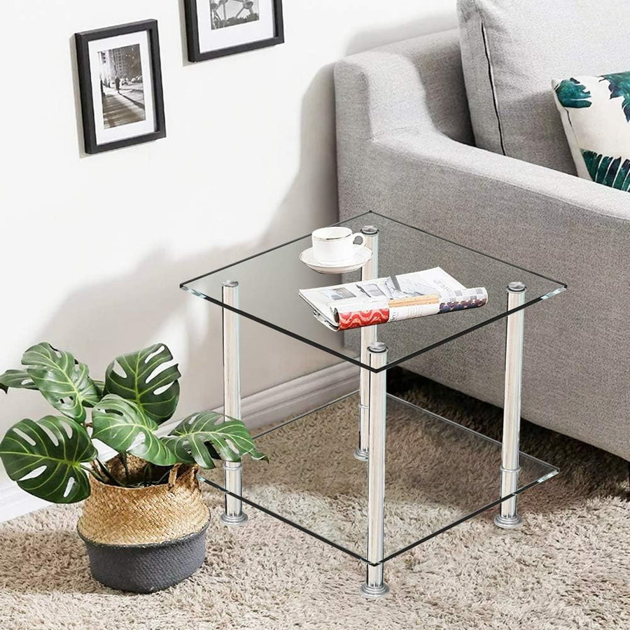 Clear Glass Side Table with Chrome Legs – Modern 2-Tier Small Coffee Table