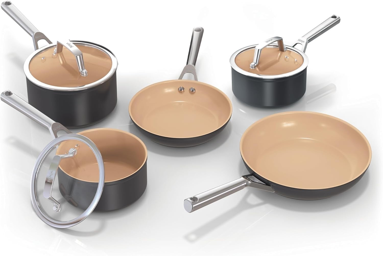 5Pcs Ceramic Terracotta & Black Non Stick Frying Pans Saucepan Cookware Set