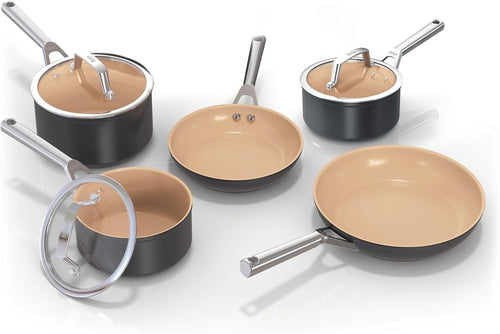 5Pcs Ceramic Terracotta & Black Non Stick Frying Pans Saucepan Cookware Set