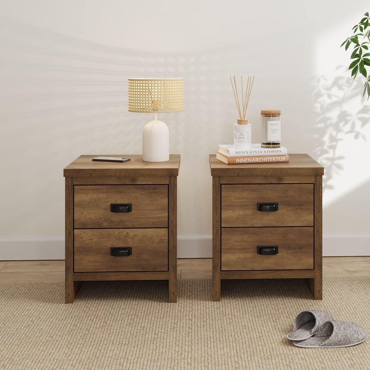 Pair of Oak 2 Drawer Bedside Tables | Rustic Wooden Nightstands with Shelf