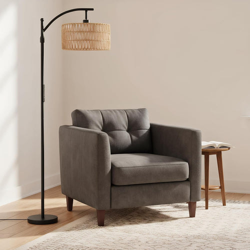 Boho Floor Lamp Rattan Linen Double Shade Dimmable Touch Remote Adjustable