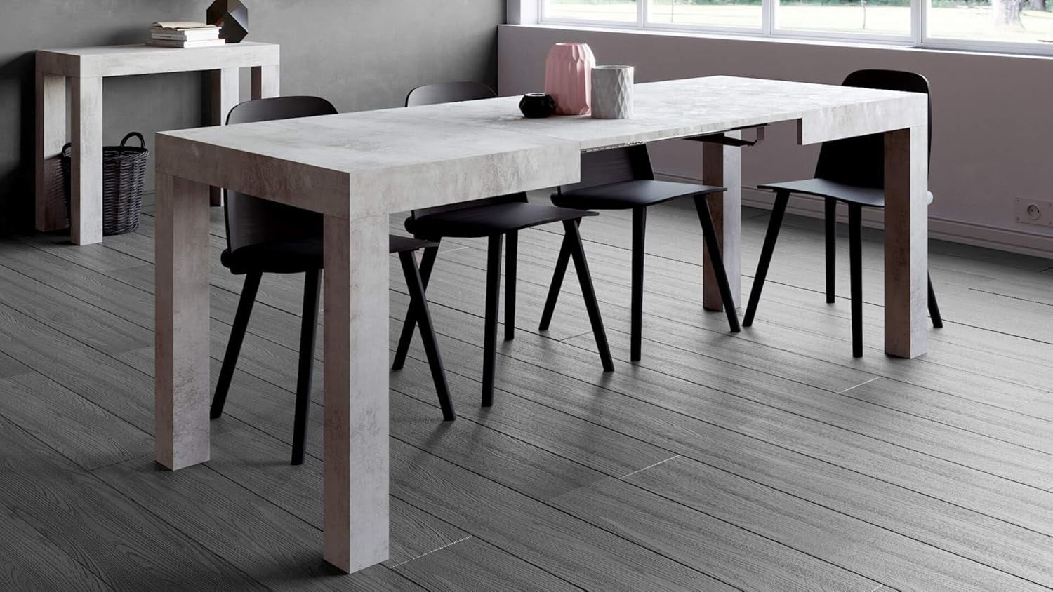 Extendable Concrete Grey  Dining Table 8Seater Wood Modern SpaceSaving 120-200cm