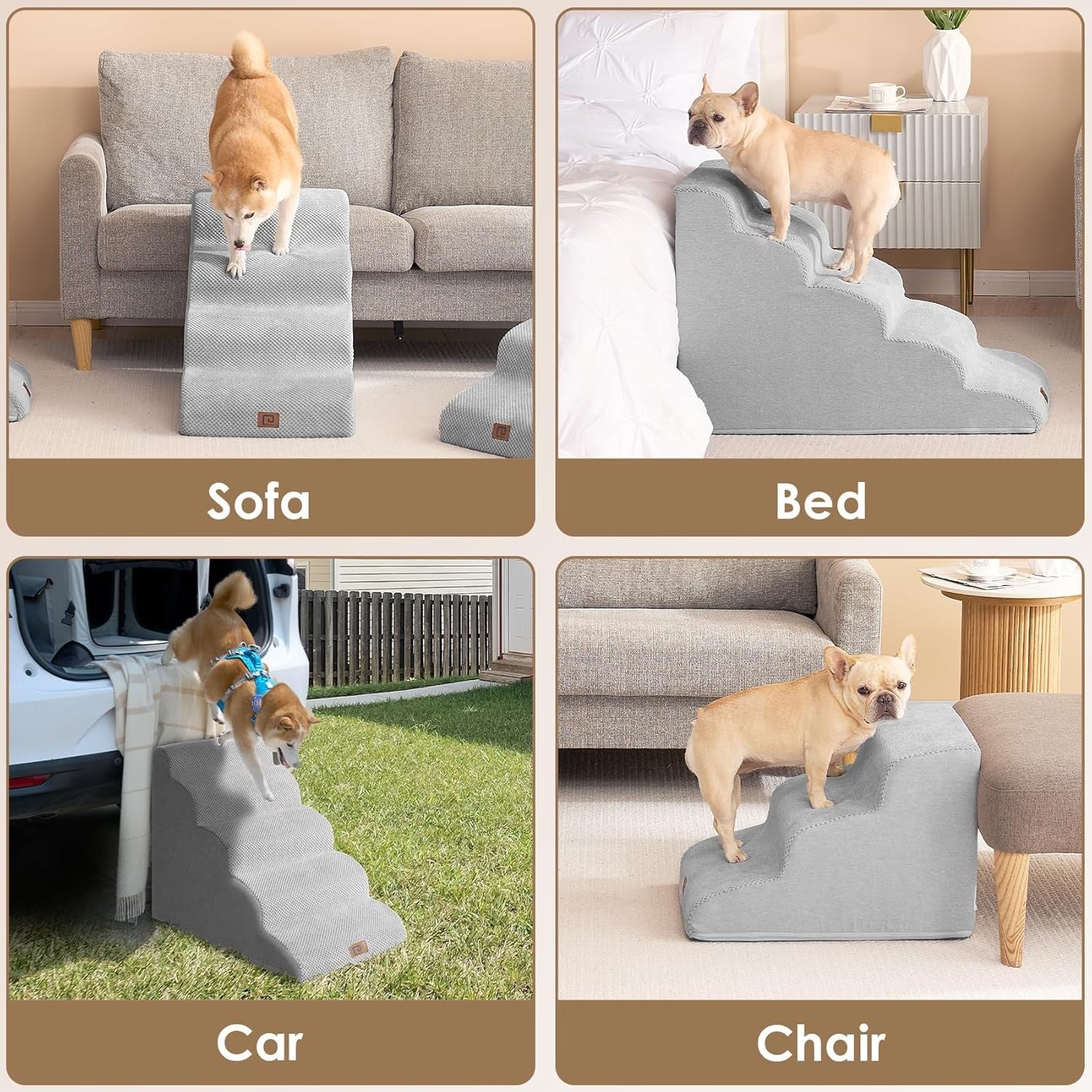 5 Step Dog Stairs for High Bed Non Slip Foam Pet Steps Washable