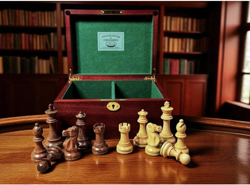 Luxury Acacia & Boxwood Chess Pieces Set 10.16cm King + Mahogany Storage Box