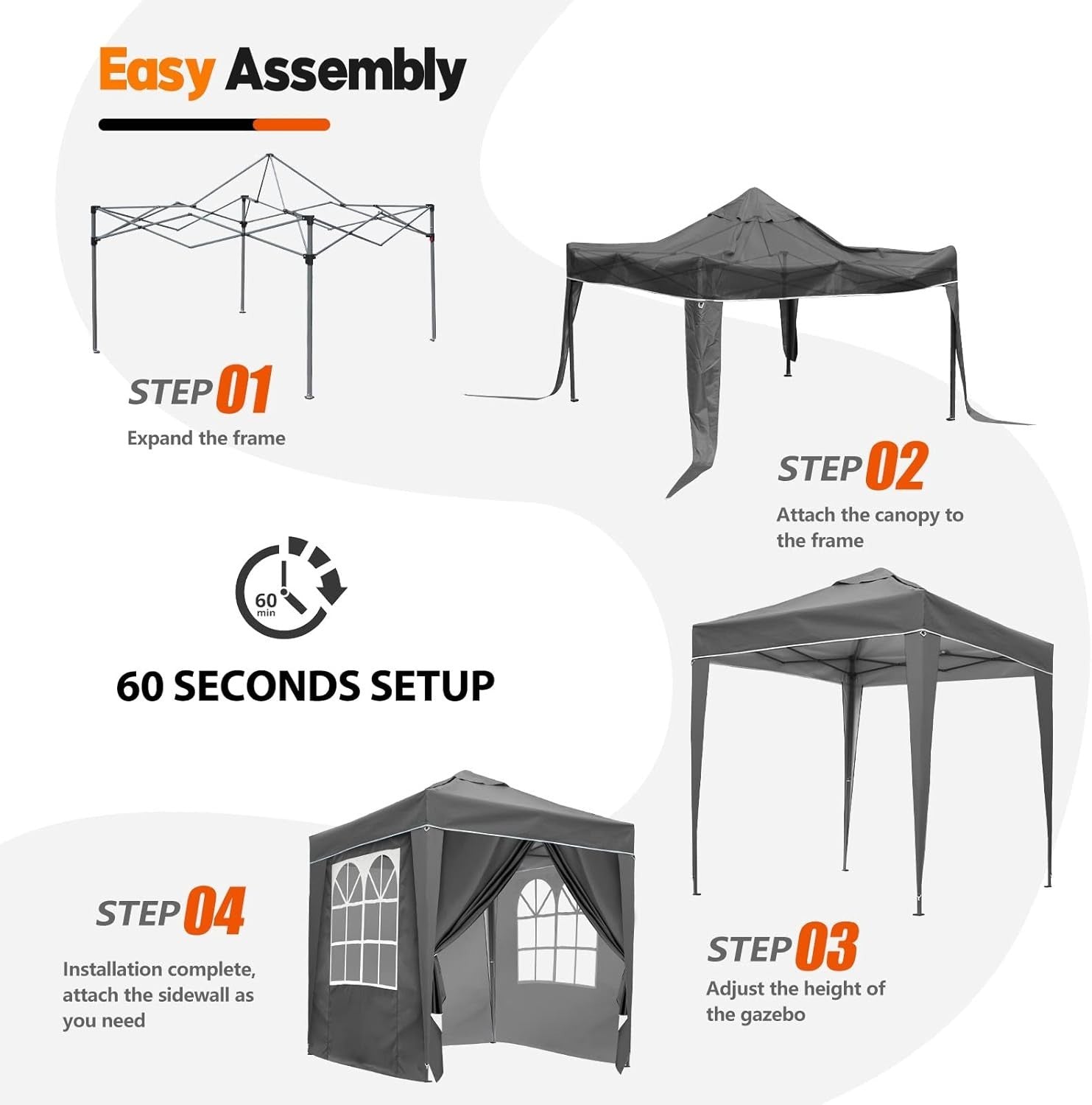 2x2M Grey Pop Up Gazebo With Removable Sides Fully Waterproof Outdoor Tent