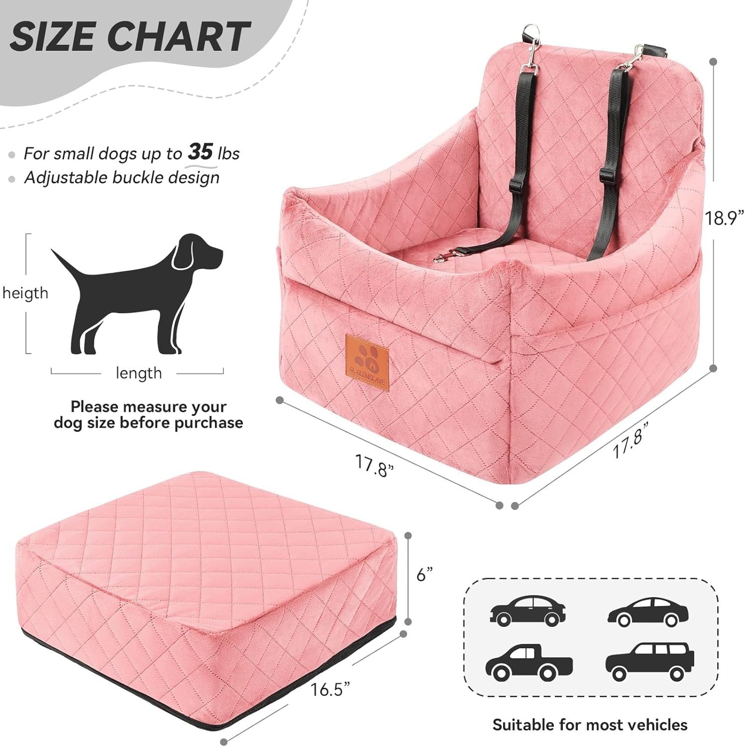Memory Foam Dog Car Booster Seat Washable Travel Bed 2 Safety Belts