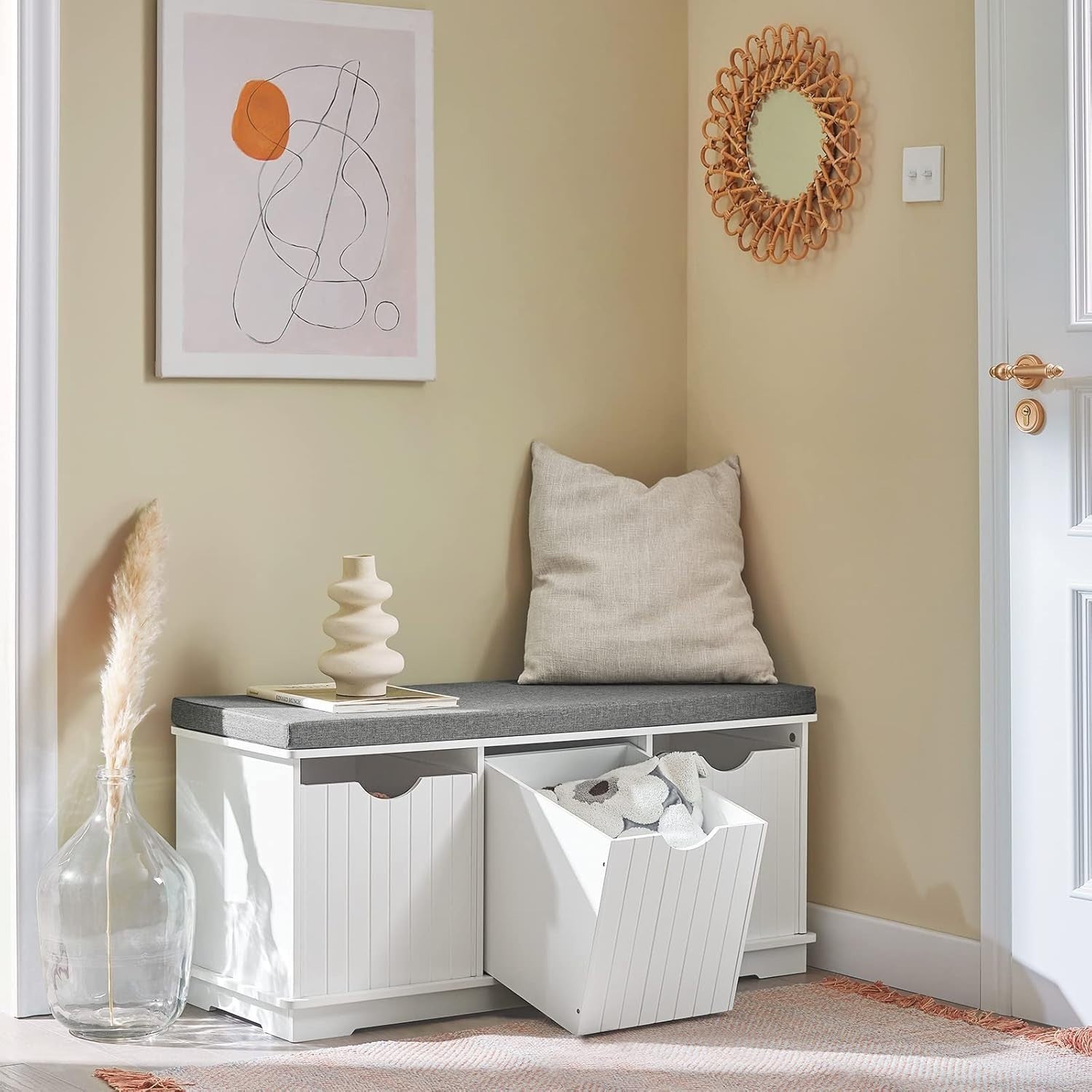 Hallway Shoe Storage Bench with 3 Drawers & Removable Cushion, White