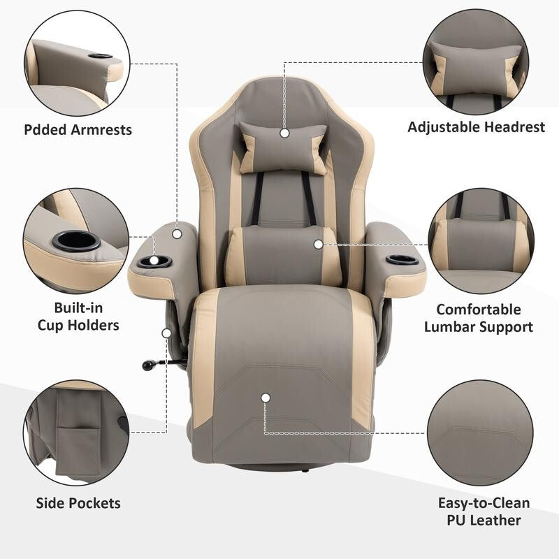Gaming Recliner Chair Swivel Armchair w/ Footrest Cup Holders Pockets Grey (SV)