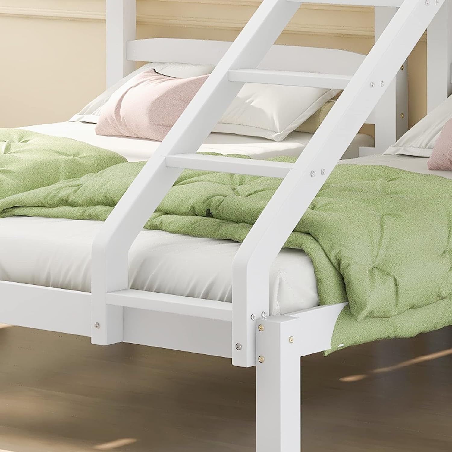 Triple Bunk Bed White with Stairs Full Twin Kids Sleeper Space Saver