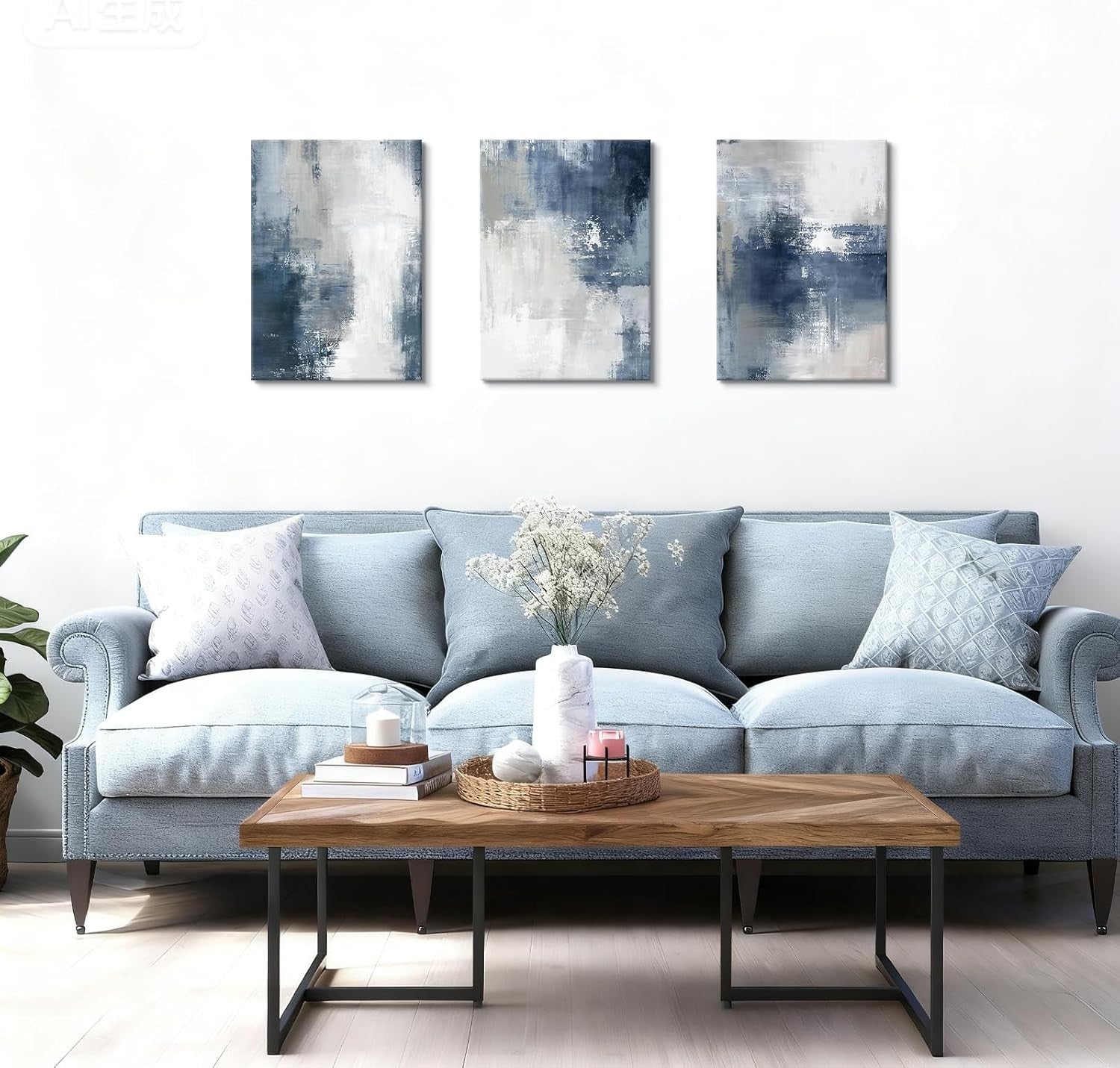 Wooden Framed Abstract Wall Art Set 30x40cm Blue Grey