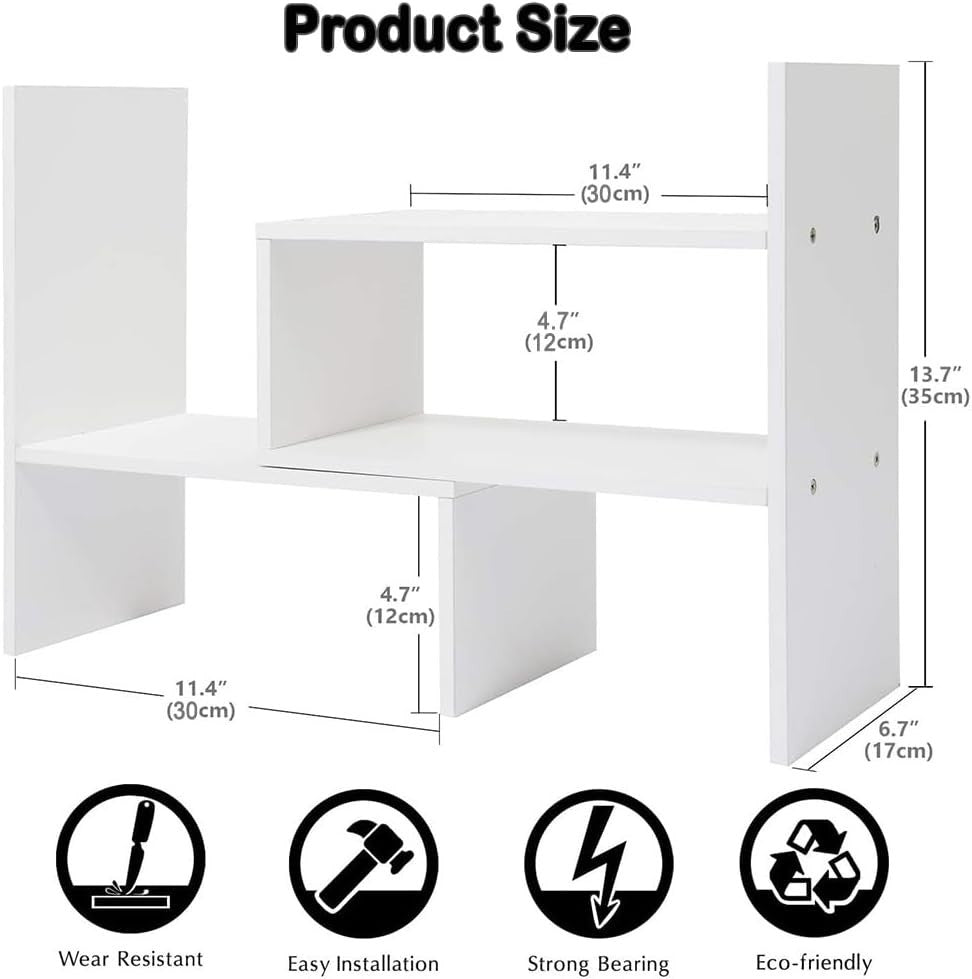 Adjustable White Desktop Bookshelf Organizer – Waterproof, Space Saving Shelf