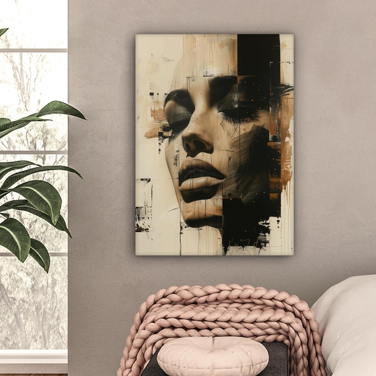 Abstract Woman Canvas Wall Art 50x70cm Beige Modern Framed