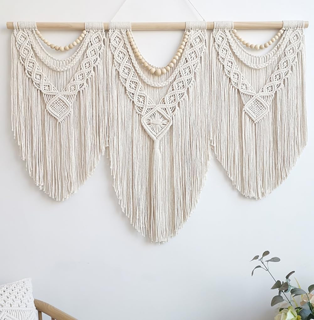 Large Macrame Wall Hanging 43"x32" Boho Tapestry w/ Wooden Beads