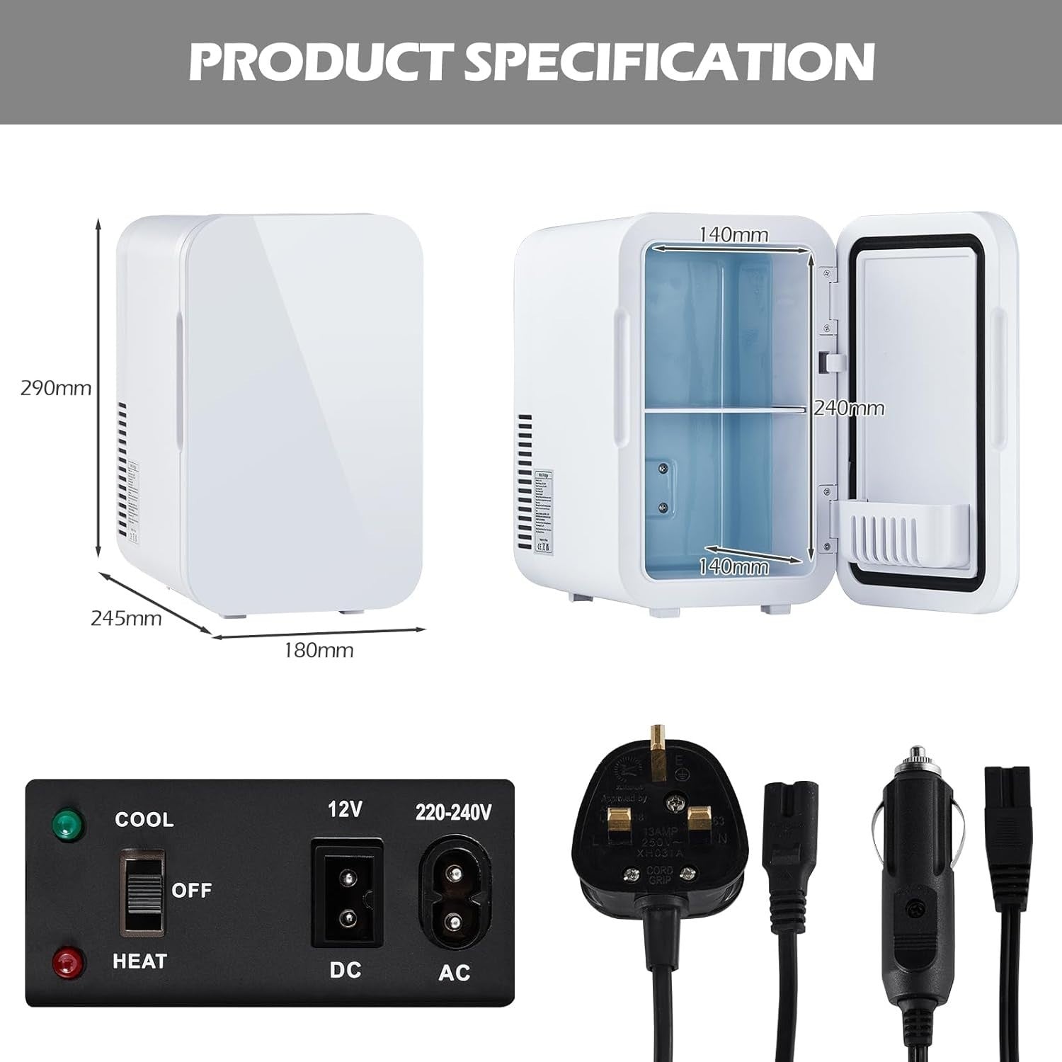 Mini Fridge 6L Portable Cooler & Warmer AC/DC Low Noise Compact White