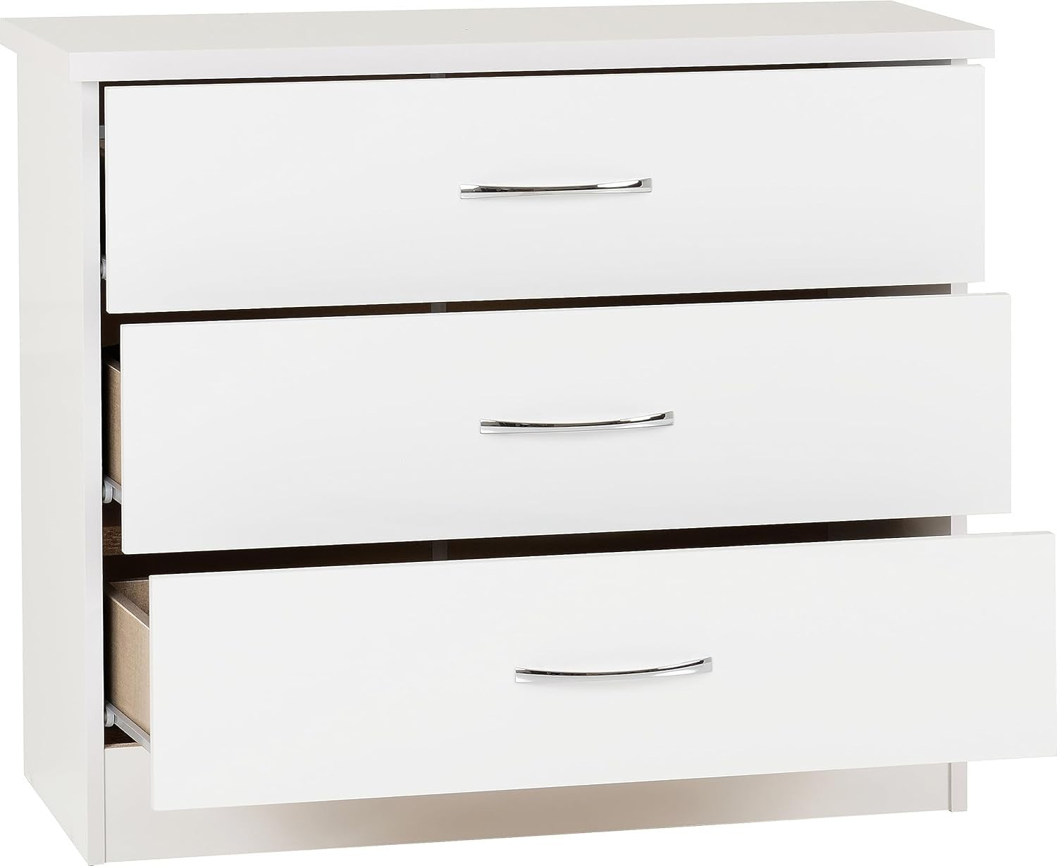 White Gloss 3 Drawer Chest Cabinet with Metal Handles for Bedroom Storage