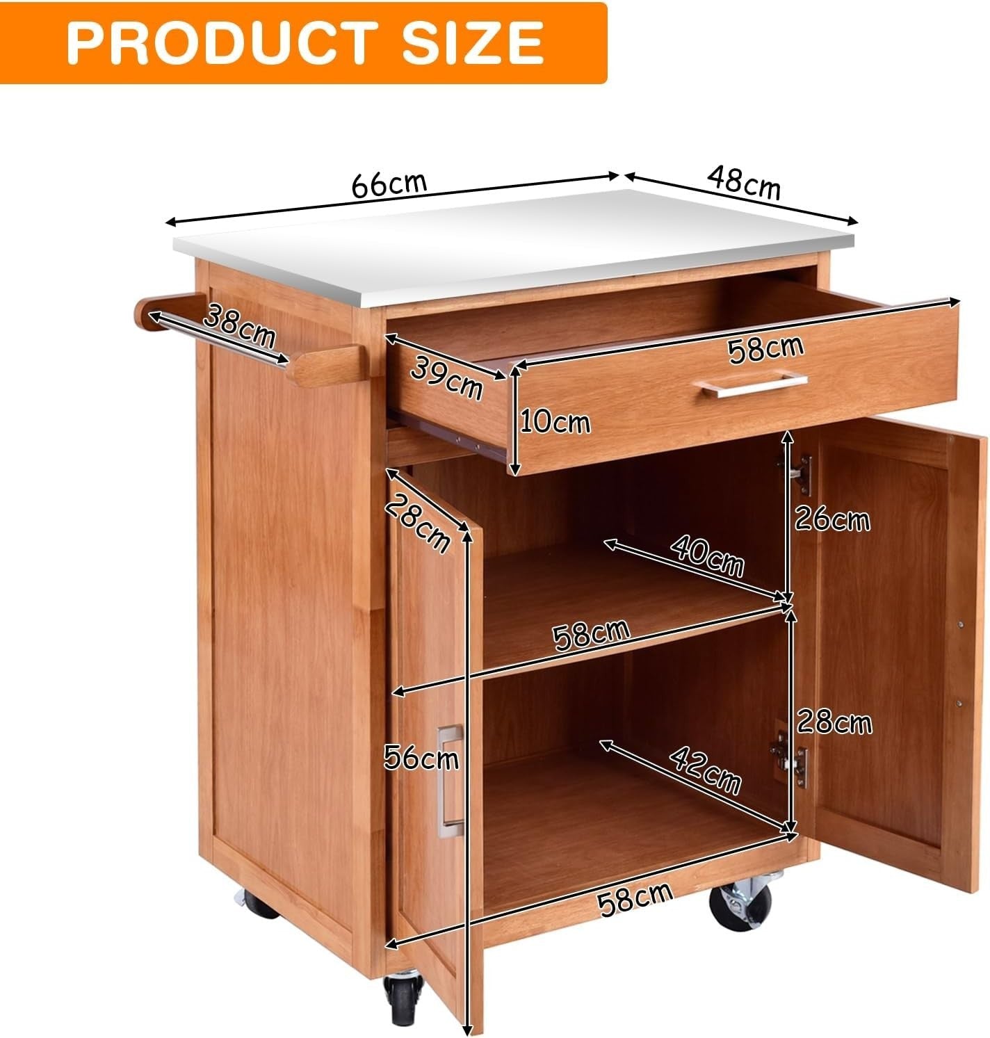 Kitchen Island Trolley Stainless Steel Top Cabinet Cart