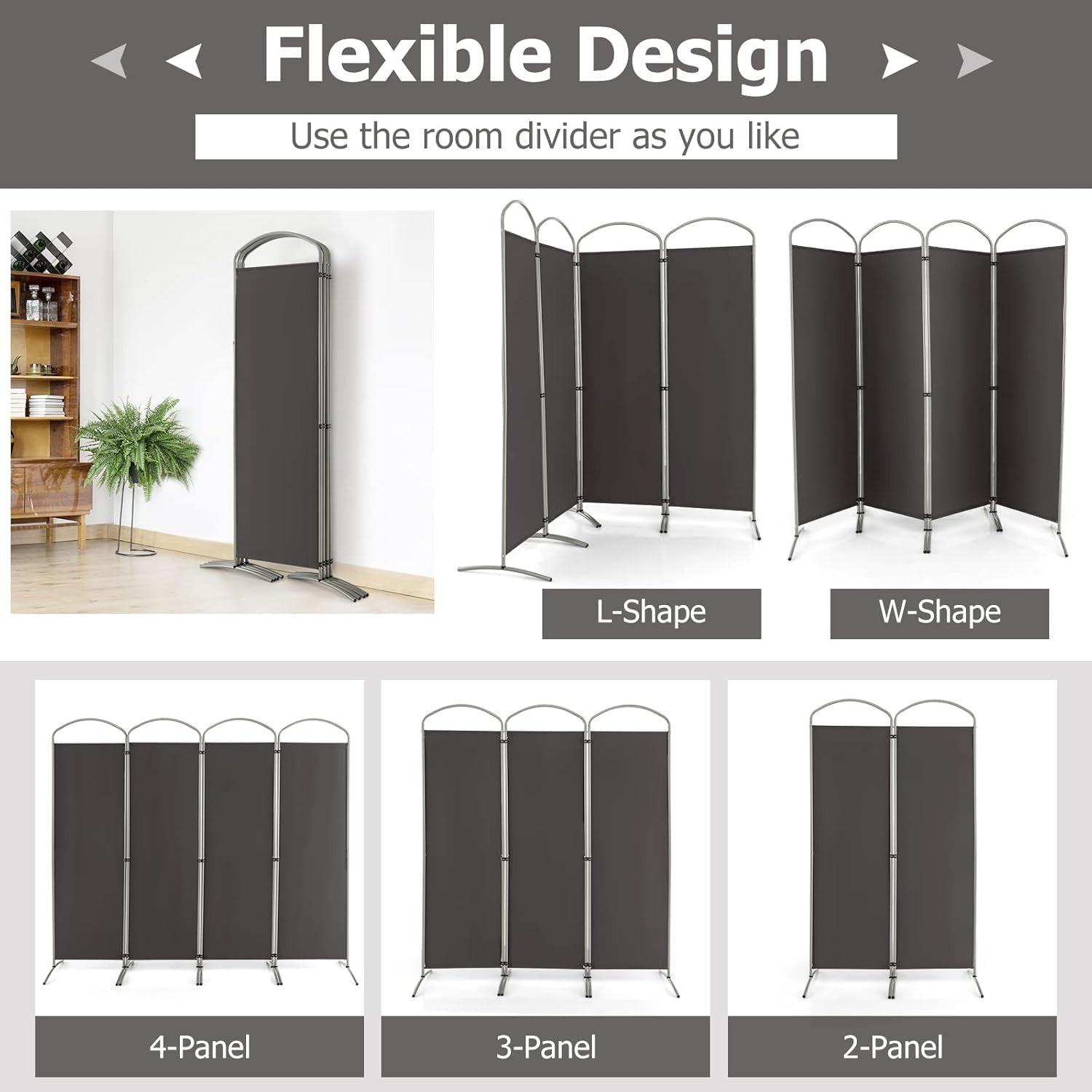 4 Panel Grey Folding Room Divider Privacy Screen for Bedroom Office 188cm High