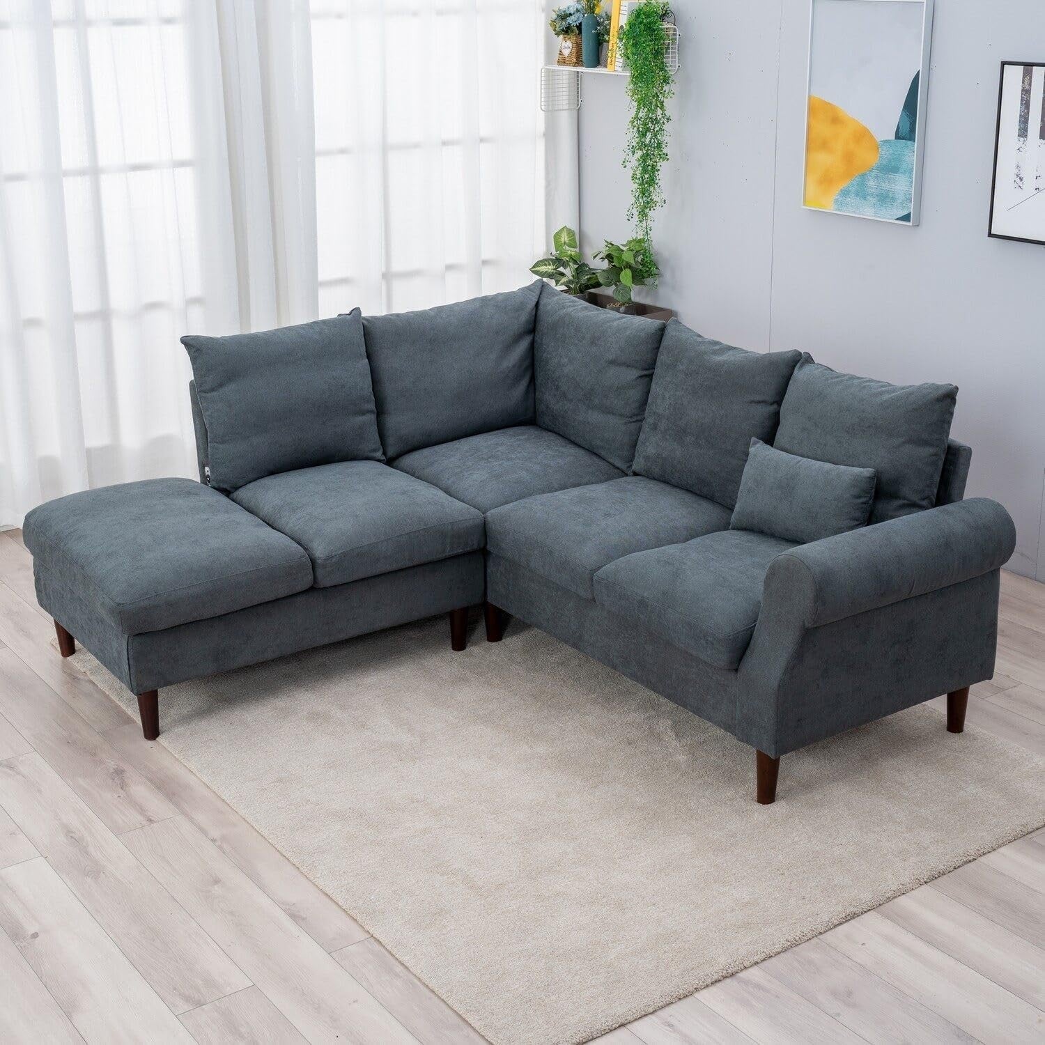 5 Seater Corner Sofa with Chaise & USB Charging Port – Grey Linen, 200x195cm