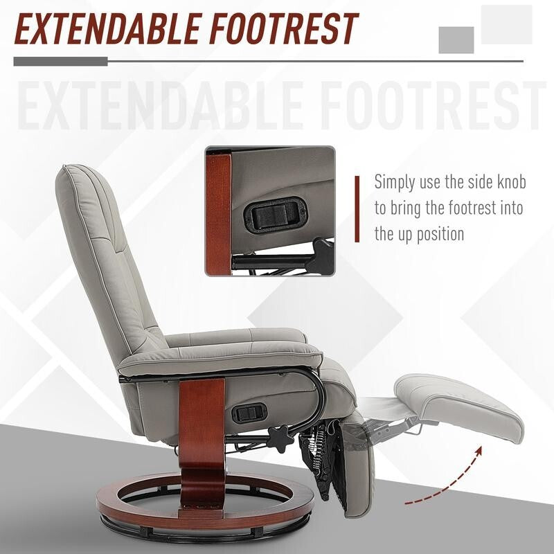 Manual Recliner Armchair Chair Faux Leather Wood Base Swivel Lounge Grey