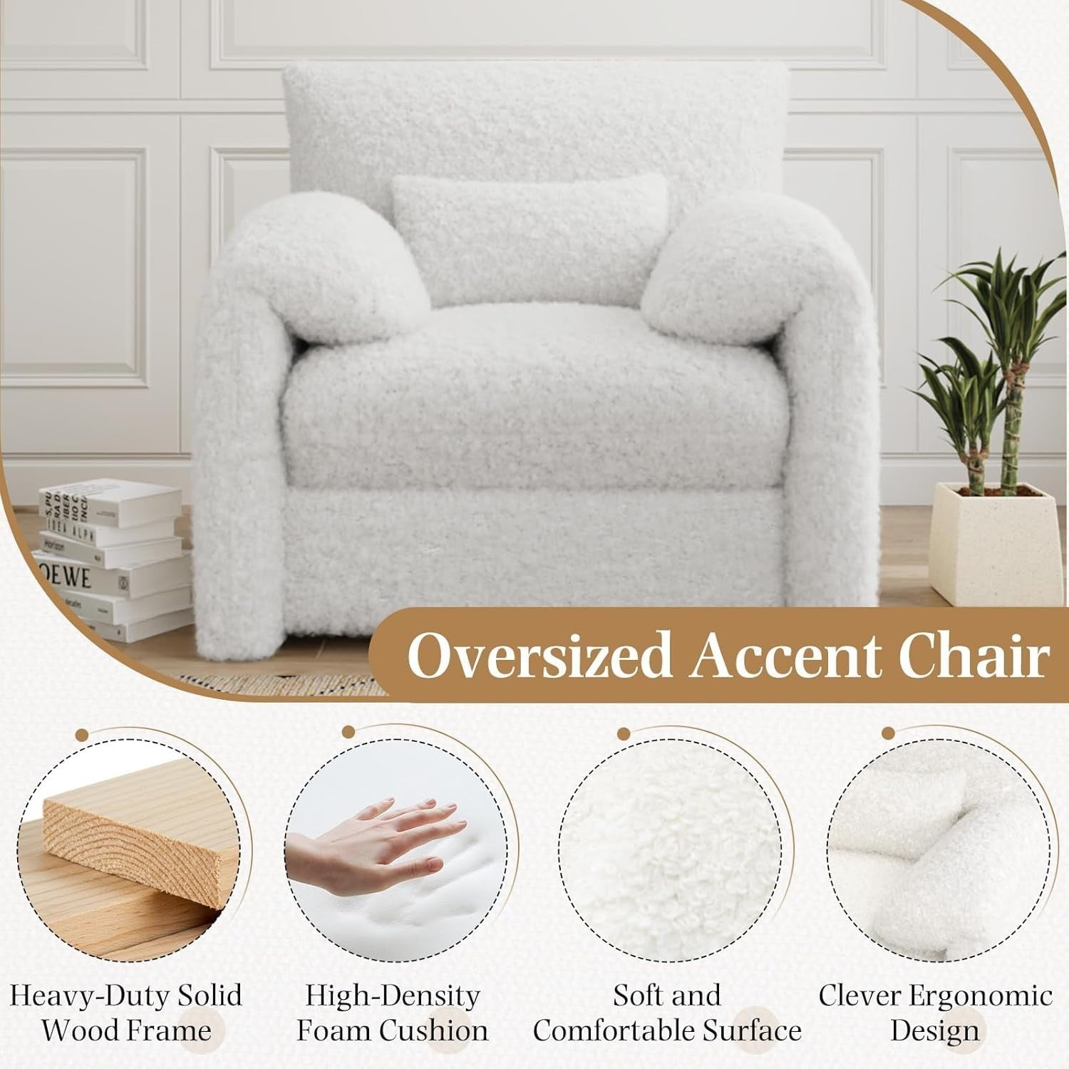 White Teddy Velvet Armchair Sofa | Padded Lounge Seat w/ Lumbar Pillow