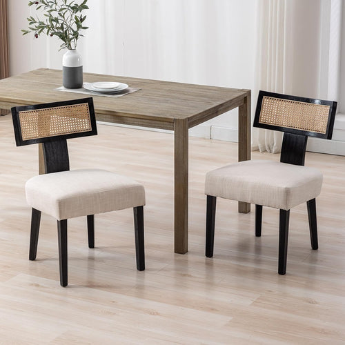 Retro Rattan Dining Chairs Set of 2 Upholstered Wood Kitchen Chairs Black