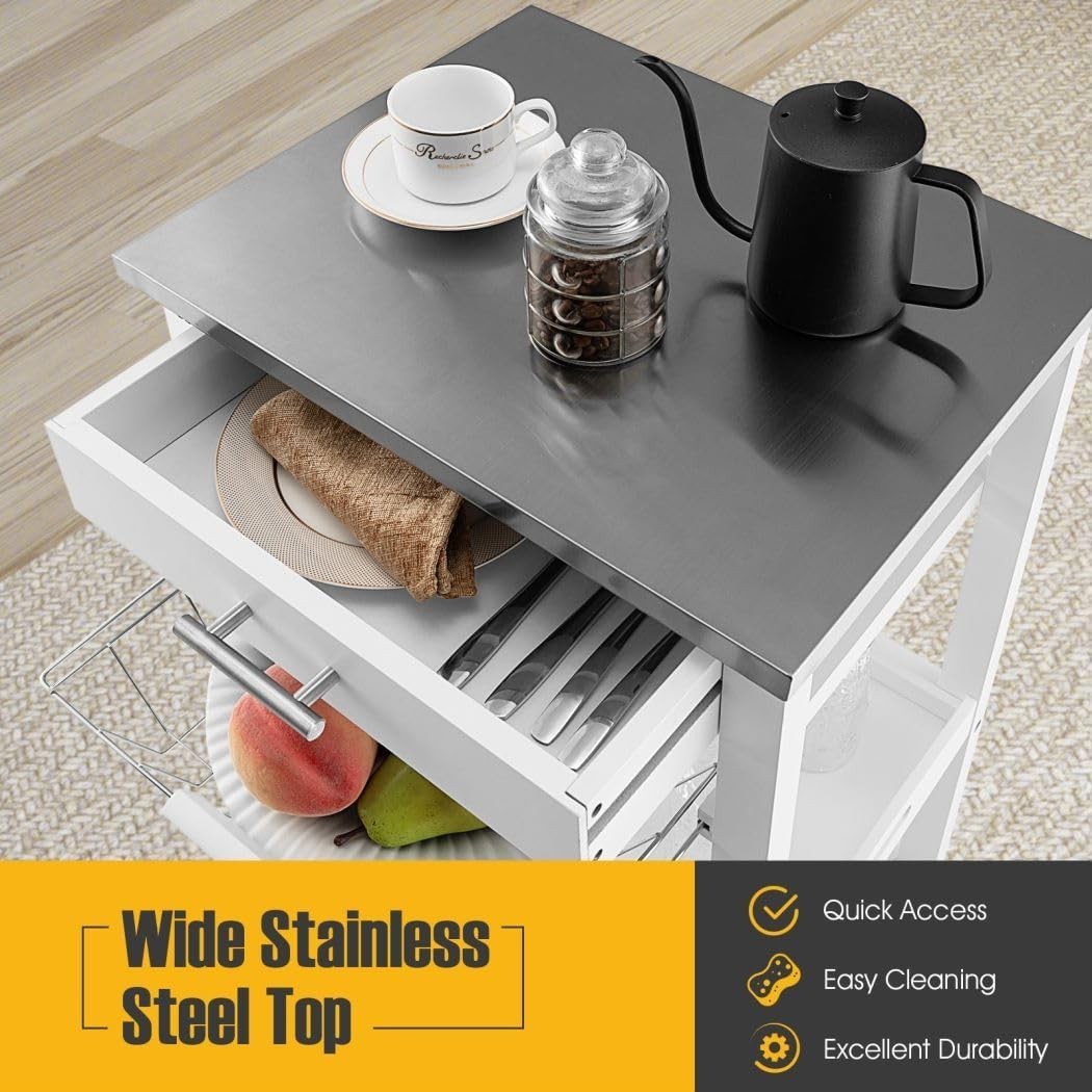 4 Tier Kitchen Trolley Stainless Steel Top Cart White