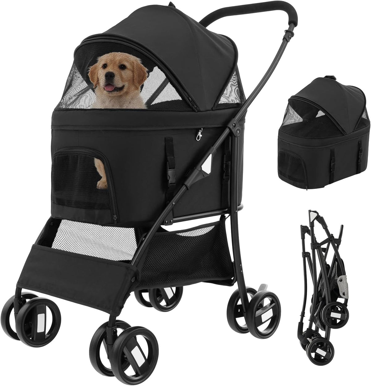 3 in 1 Pet Stroller Folding Cat Pushchair Detachable Carrier 4 Wheel
