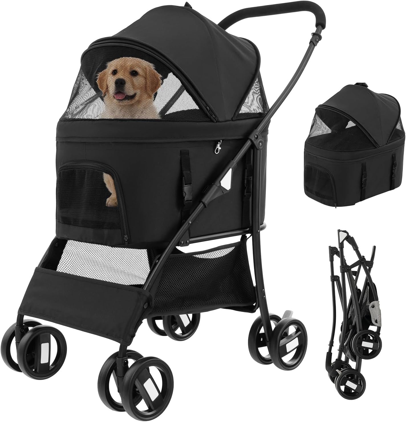 3 in 1 Pet Stroller Folding Cat Pushchair Detachable Carrier 4 Wheel