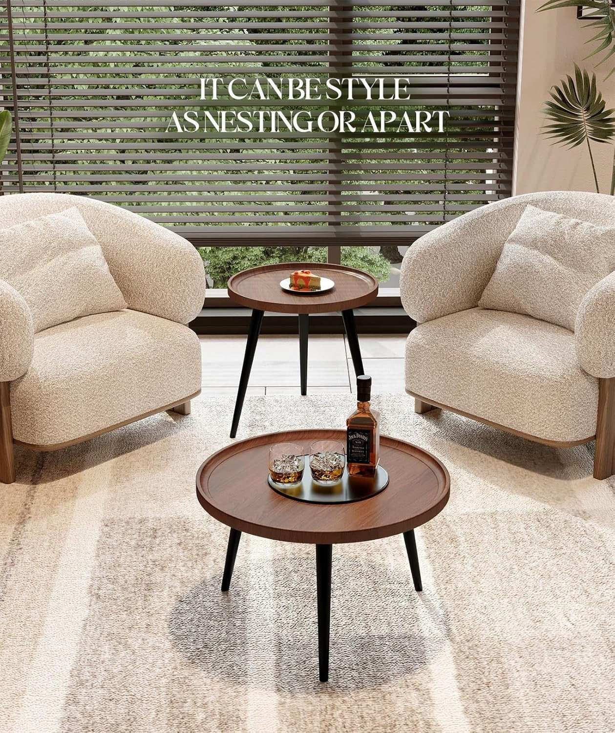 Walnut Nesting Coffee Table Set of 2 Modern Round Side End Tables 178lbs Load
