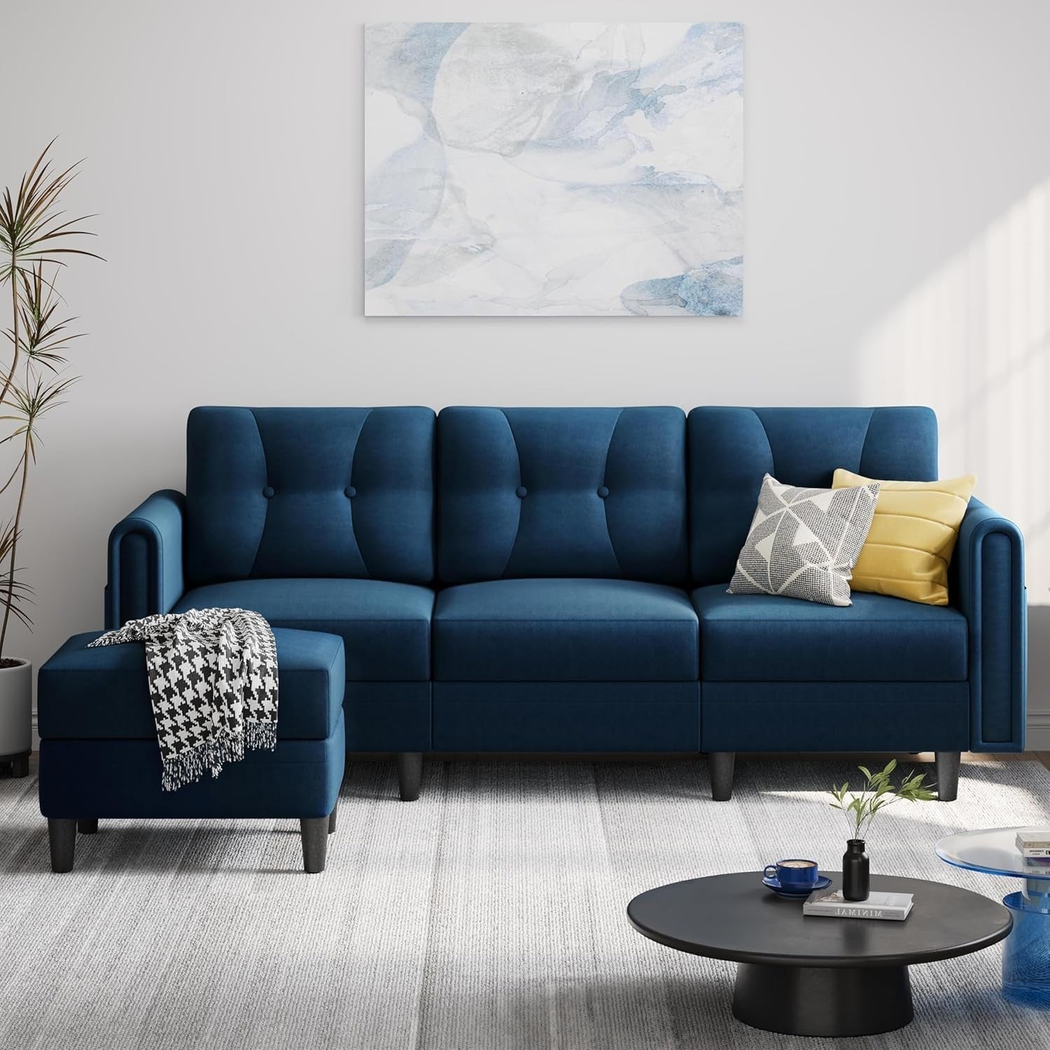 Velvet L-Shaped Corner Sofa with Ottoman 3-Seater Chaise for Small Spaces