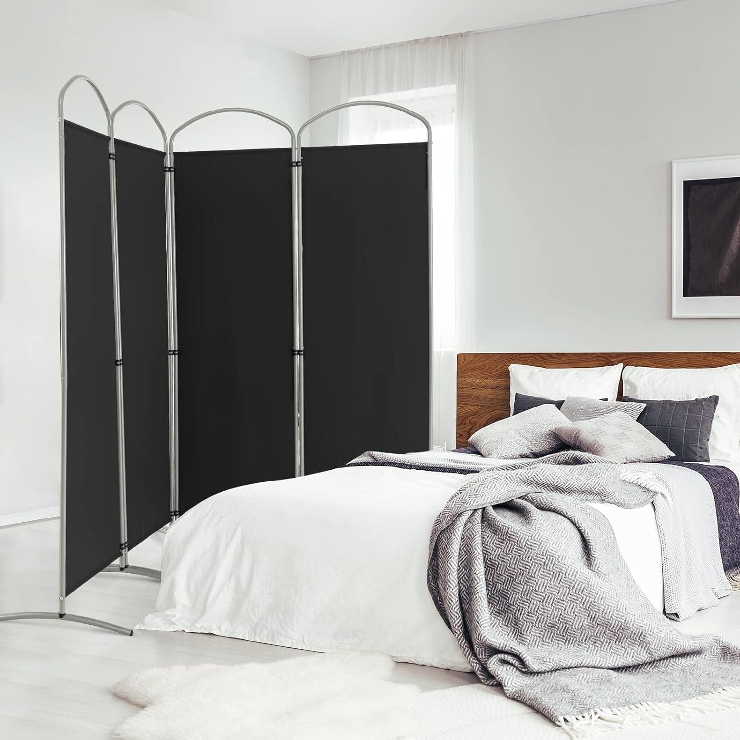 4 Panel Black Folding Room Divider Privacy Screen for Bedroom Office Decor 188cm