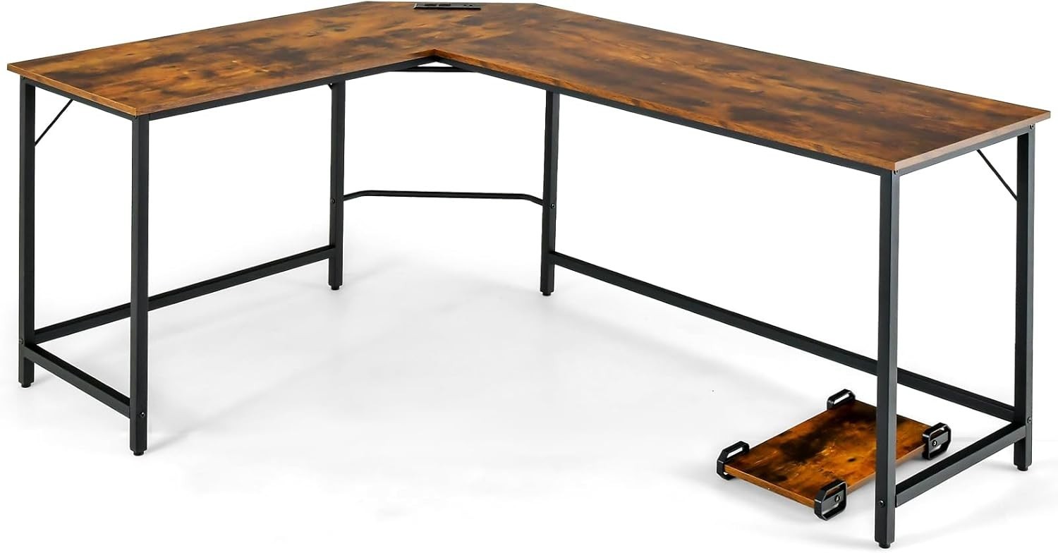 Rustic Brown L-Shaped Desk 168cm Corner Computer Table with CPU Stand