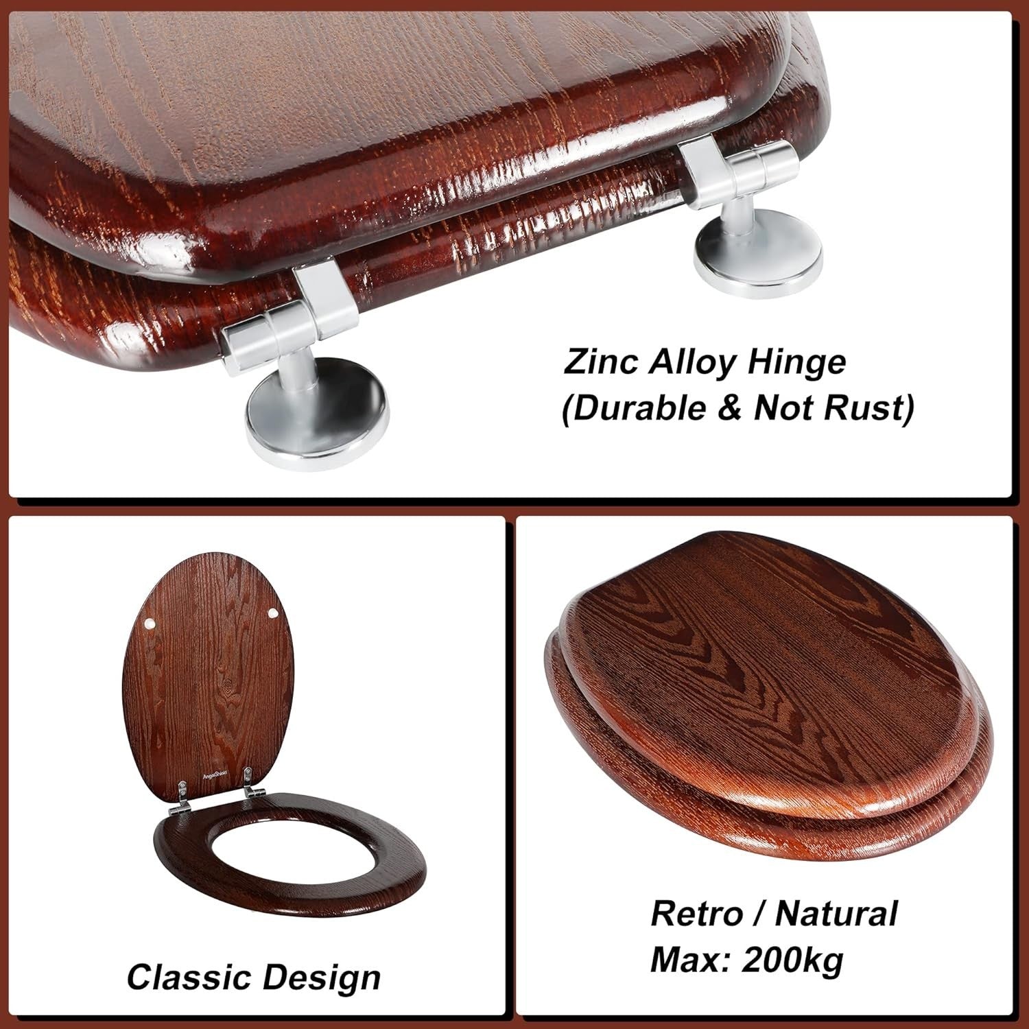 Angel Shield Wooden Toilet Seat Antibacterial Oval Dark Walnut Adjustable Zinc
