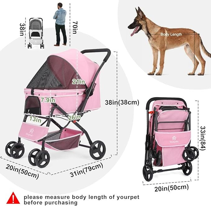 Pink Pet Stroller Foldable Dog Cat Pram 360° Wheels Lightweight Travel Buggy